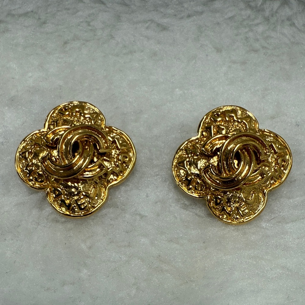 Chanel 24k Plated Clover CC Earrings